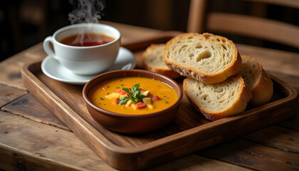 Hot soup and tea with fresh bread on wooden tray
