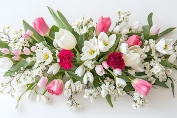 A delicate floral arrangement of white and pink tulips, carnations, and small blossoms, symbolizing beauty, love, and International Women's Day