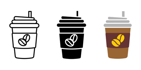 Paper coffee cup icon. Cappuccino or latte illustration. Cafe hot drink symbol. Coffee break sign. Disposable cup beverage pictogram.