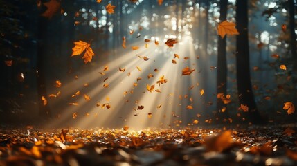 Golden autumn leaves cascade gently to the forest floor as sunlight pierces through the canopy, creating a magical scene filled with warmth and seasonal transition.