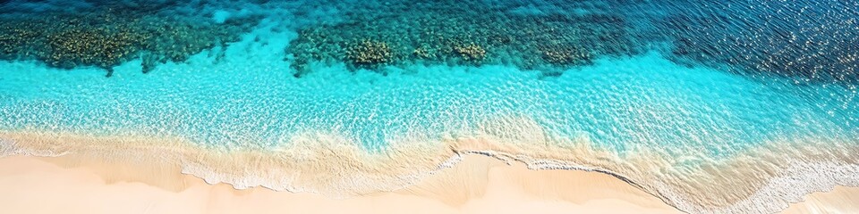 Aerial view of tropical beach with crystal-clear water fading into deep ocean blue