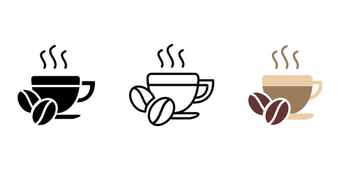 Coffee cup with beans icon. Hot cappuccino or latte mug illustration. Coffee break symbol. Caffeine beverage with steam sign.