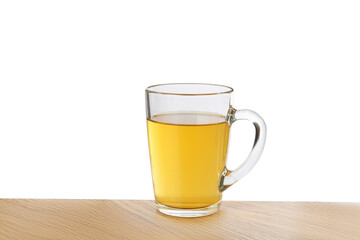 Refreshing green tea in cup on wooden table against white background