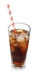 Refreshing cola with ice cubes and drinking straw in glass isolated on white
