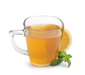 Aromatic mint tea with lemon, fresh and dried leaves isolated on white