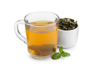 Aromatic mint tea, fresh and dried leaves isolated on white
