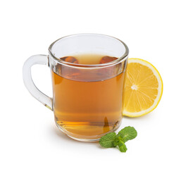 Tasty mint tea in cup, lemon and fresh leaves isolated on white