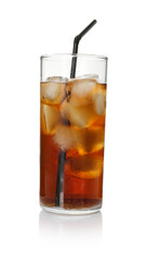 Refreshing cola with ice cubes and drinking straw in glass isolated on white