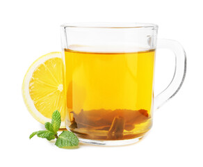 Aromatic mint tea with lemon, fresh and dried leaves isolated on white