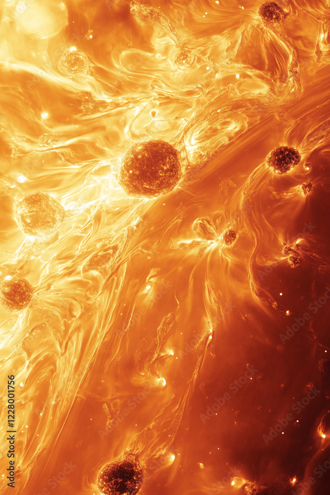 Poster abstract fiery orange scene with glowing spherical elements and flowing plasma-like textures, symbol