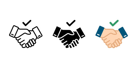 Handshake with checkmark icon. Business agreement sign. Teamwork cooperation symbol. Partnership deal illustration.