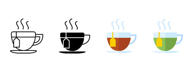 Cup of hot tea icon. Tea bag in a mug symbol. Green, herbal and black tea in drinking glass sign. Breakfast symbol.
