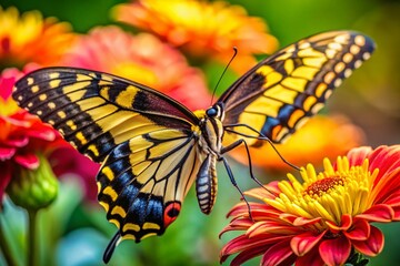 Fototapeta premium Macro Photography: Yellow & Black Swallowtail Butterfly on Flower Nectar