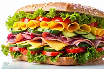 Macro Photo of Delicious Ham and Cheese Sandwich with Fresh Vegetables on White