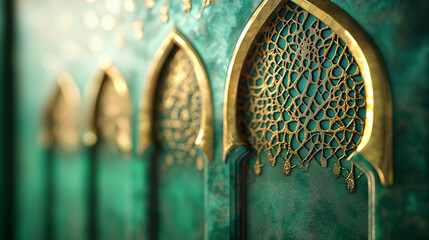 A green wall with gold arches and intricate designs