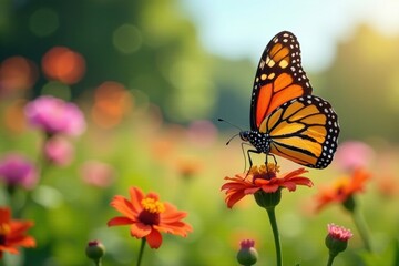 Obraz premium Vibrant monarch butterflies on blooming wildflowers, sunlit meadow , design, texture