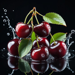 cherries in water on a black background