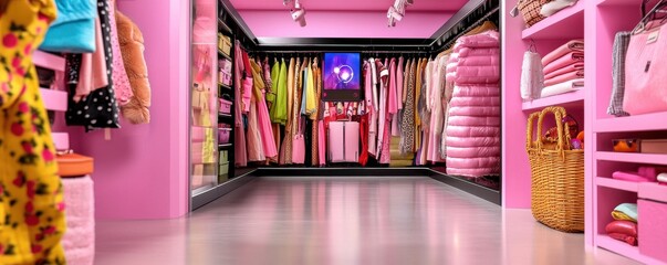 Vibrant pink clothing store with trendy fashion items displayed.