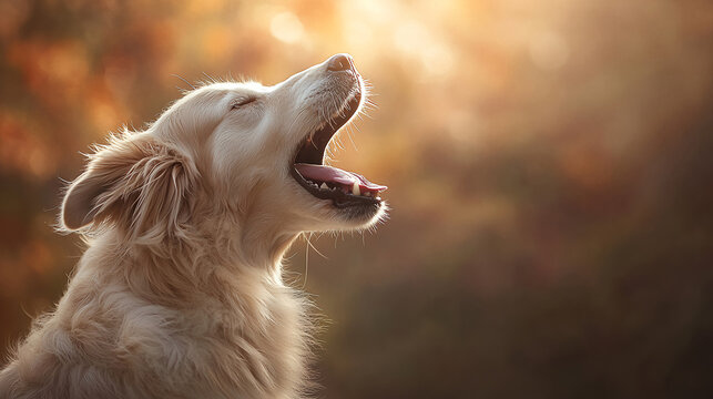 Golden retriever yawning in warm autumn sunlight