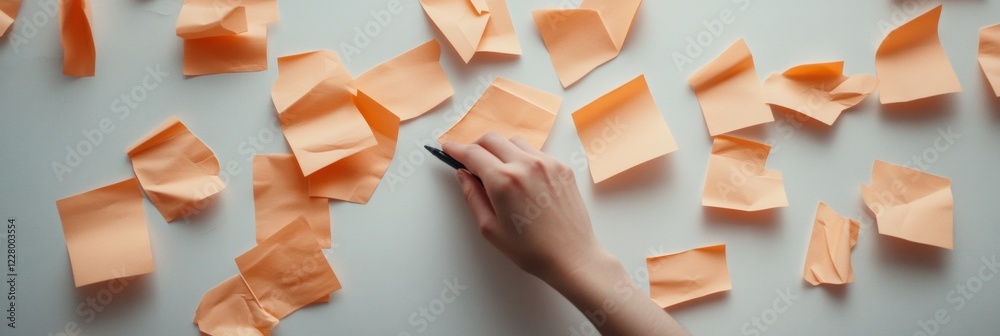 Poster Contemporary Ideation Strategy Creative Hands with Sticky Notes on Whiteboard - Business Innovation Environment and Collaborative Problem-Solving for Dynamic Teams