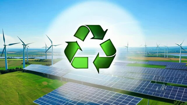 Green earth cover with Recycle symbol on green grass field on natural background. Waste and pollution elimination, clean and renewable energy concept, green world, eco friendly, environment day. Ecolo