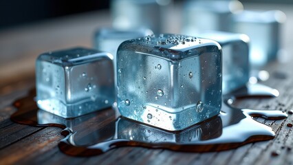 Fresh ice cubes melting on a wet wooden surface with water droplets and reflections	