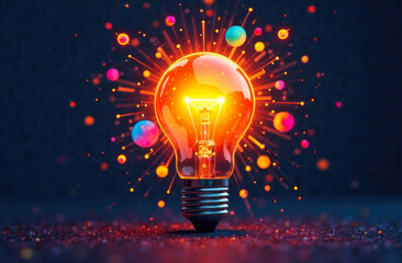 Colorful sparks and glowing particles around a light bulb symbolize creativity in a vibrant setting