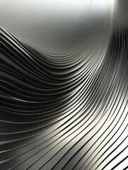 Curved metallic lines create a flowing design with a sleek texture in a monochromatic setting. Generative AI