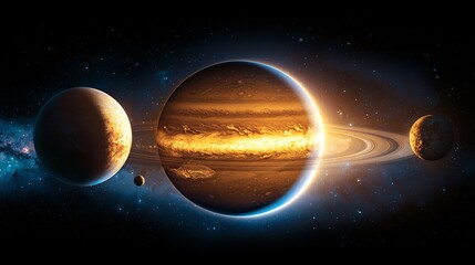 A stunning cosmic scene showcasing a vibrant gas giant surrounded by rings and smaller planets in space