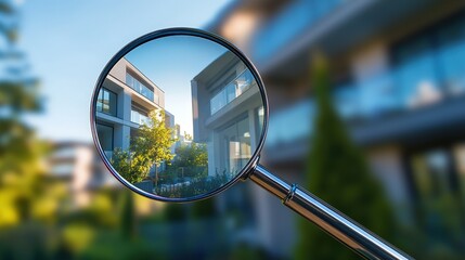 Magnifying glass focusing on modern apartments, symbolizing detailed property inspection and real estate search. Ideal for real estate listings, property management, and home buying guides.