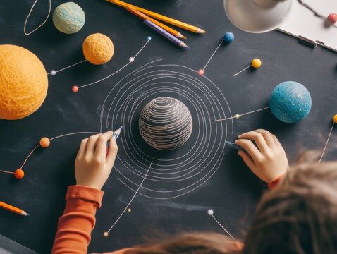 Creative Cosmic Exploration Overhead View of Indian Teen Sketching Solar System on Black Paper - Innovative Homeschool Art Project with Textural Elements for EdTech and Creative Learning