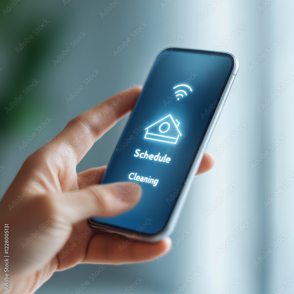 Fototapete Minimalist Smart Home Interface Close-Up on Scheduling Cleaning via Smartphone Enhancing Home Automation and Efficiency in Modern Living Spaces