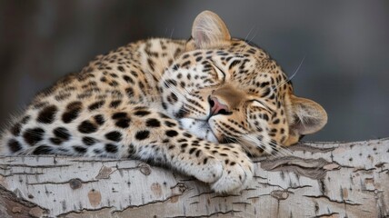 Fototapeta premium Leopard on a Tree: A leopard resting on a tree branch in the African savanna, its spotted coat blending with the tree's bark and golden grass below. 