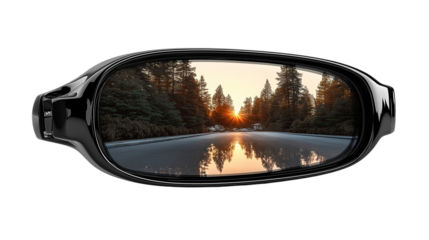 Sunset Reflection in Rearview Mirror:  A rearview mirror reflects a stunning sunset over a serene forest road, promising adventure and the beauty of nature's end-of-day spectacle. 
