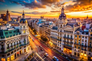 Fototapeta premium Madrid Gran Via Dusk: Tilt-Shift Miniature Cityscape, Spain