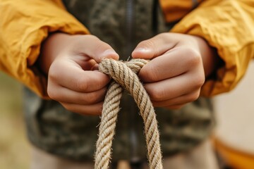 Eco-Friendly Scouting Craft Close-Up of Latino Boy Tying Knot with Natural Rope - Outdoor Skills Development and Sustainable Recreation Content