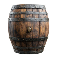 Fototapeta premium Rustic wooden barrel with metal bands showcasing craftsmanship and durability in a traditional setting isolated on transparent background