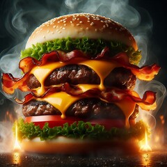 burger and french fries with black background