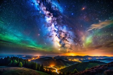 Naklejka premium Magical Milky Way Airglow Timelapse, Tilt-Shift Miniature Night Sky Landscape