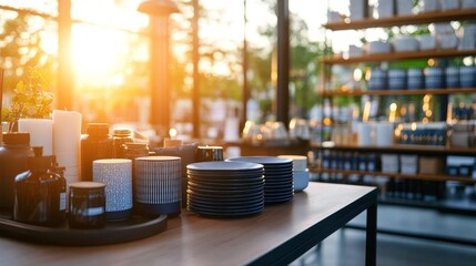 Elegant display of various tableware and decor items in a sunlit modern store with greenery