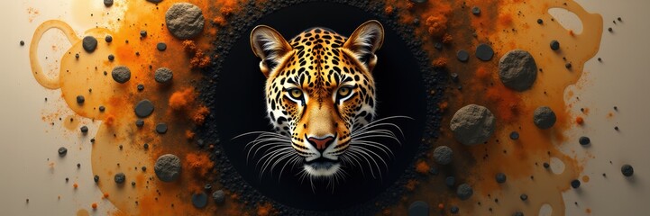 Obraz premium A striking illustration of a jaguar’s face, surrounded by a burst of warm colors and textures, embodying strength, beauty, and the wild spirit of nature.