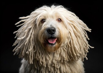 Magnificent Komondor Dog:  Cute Hungarian Shepherd with Fluffy White Coat on Black Background