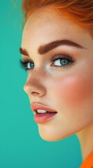 Close-up portrait of a woman with striking freckles and orange hair, highlighted against a contrasting turquoise background.