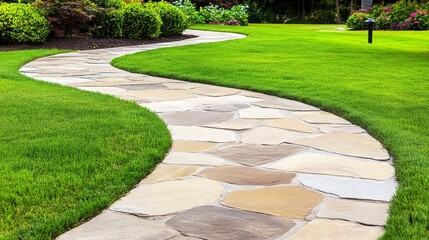 Obraz premium Serene garden pathway meandering through lush greenery with vibrant flower in the background