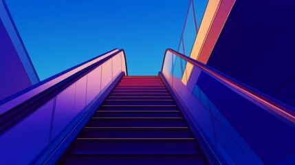 Colorful escalator leading upwards under a twilight sky, with vibrant hues reflecting modern architecture