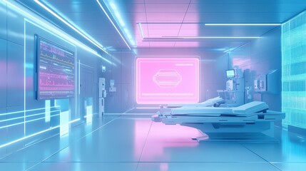 Naklejka premium A neon pink room with a bed and a monitor