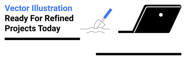 Laptop angled open beside a pen creating wavy lines. Ideal for creativity, collaboration, education, remote work, digital tasks, brainstorming, abstract line flat metaphor