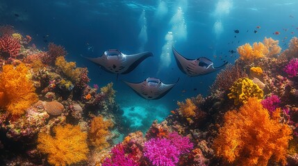 Fototapeta premium Graceful manta rays swimming among vibrant coral reefs underwater wonderland ocean