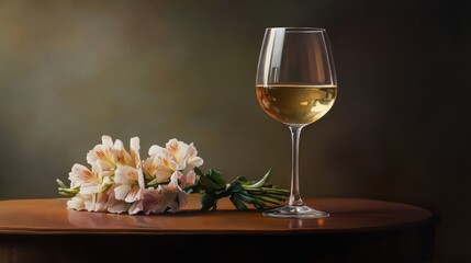 A glass of white wine and a bouquet of pink and white flowers sit on a wooden table.