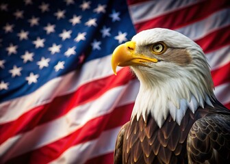 Majestic Bald Eagle Soaring Near American Flag - Patriotism Stock Photo